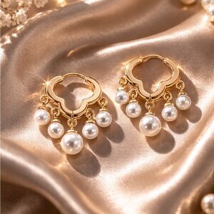 Golden Pearl Cascade Hoop Earrings
